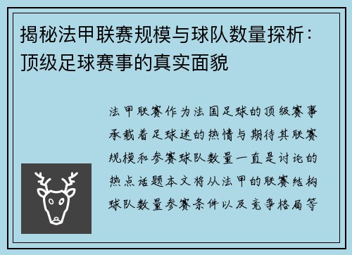 揭秘法甲联赛规模与球队数量探析：顶级足球赛事的真实面貌