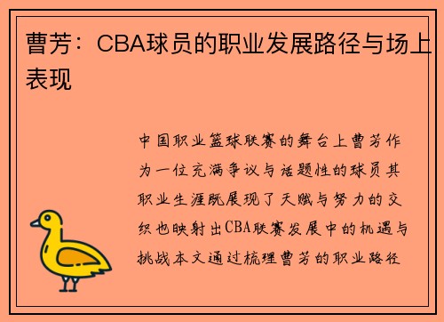 曹芳：CBA球员的职业发展路径与场上表现